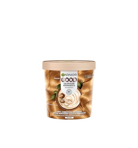 Tinte permanente vegano, Garnier Good Spicy Blonde, 7.33 Rubio miel de cayena, Sin amoniaco y nutritivo, 100% de cobertura de canas, color hasta 8 semanas, con manteca de karité - 75 ml