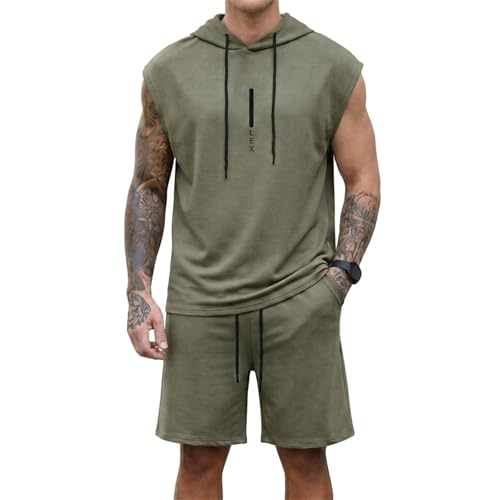 Image of Lexiart Mens Short Sets Sleeveless Workout Hooded 2 Pieces Outfits
