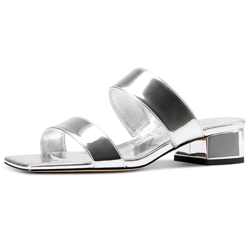 TNYNFBEB Womens Chunky Block Low Heel Open Toe Sandals Mules Shoes Slingback Slip-on Prom Wedding Dress Basic Classic Patent Leather 1.4 Inches Heels