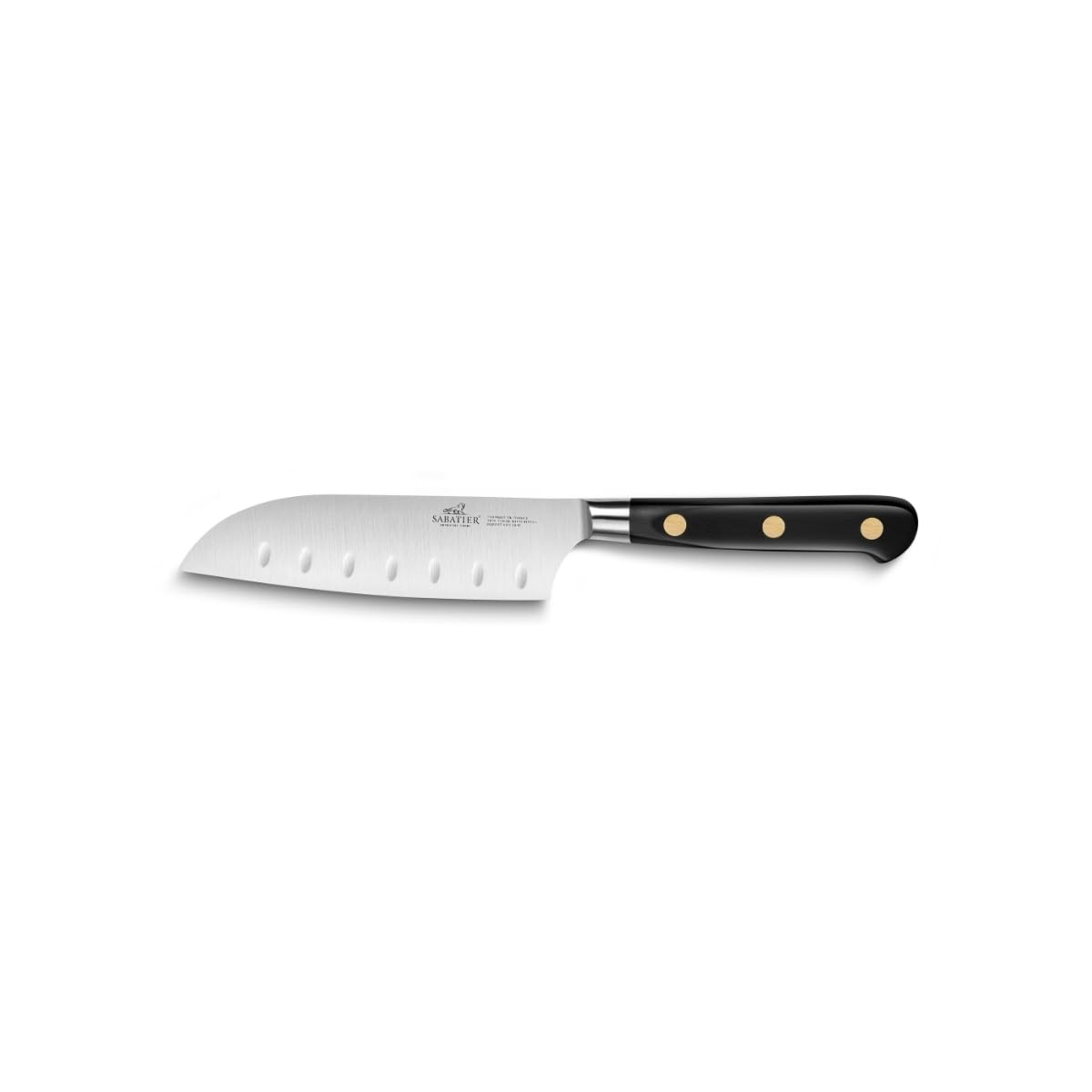 Sabatier LION Couteau Japonais Mini Santoku IDEAL 13 cm - Lame Alvéolée en Acier Forgé Haute Résistance : Découpe Légumes, Viandes et Poissons - Manche Noir en POM - Fabriqué à Thiers - 179g - Acier