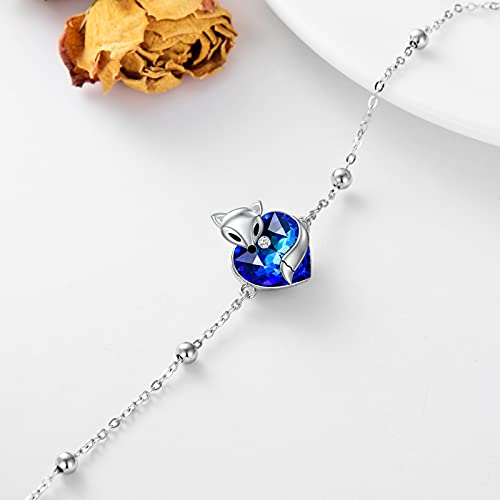925 Sterling Silver Cute Cat/Fox Link Bracelet with Heart Crystal from Austria, Animal Jewelry Gifts for Women4
