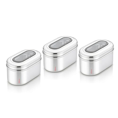 Image of Ebun Stainless Steel Top See Through Containers | Stainless Steel Container with Lid | Capsule Shape Steel Kitchen Containers Set | Steel Airtight Container | 750 Gms Capacity Approx | Pack of 3