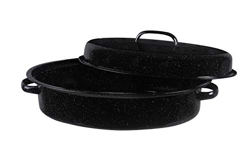 Bovado Usa 15.5" Inch 12 Lb Capacity Enamel Oval Turkey Roaster Pan + Lid - Thanksgiving Gift, Covered, Non-Sticky, Chemical Free, Dishwasher Safe - (14.5 Inch Inner) Rôtissoire (Capacité De 5.45 Kg) #TOP6