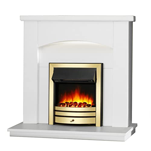 Endeavour Fires New Cayton Electric 42"Fireplace Suite, fitted with Brass Trim and Fret, 220/240Vac 1&2kW with 7 day Programmable Remote Control in off white MDF fireplace suite.