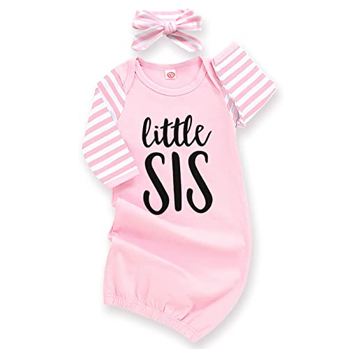Image of AMAWMW Newborn Baby Girl Little Sister Sleeper Gown Stripe Long Sleeve Nightgown Pajamas Gifts Stuff Essential Outfit