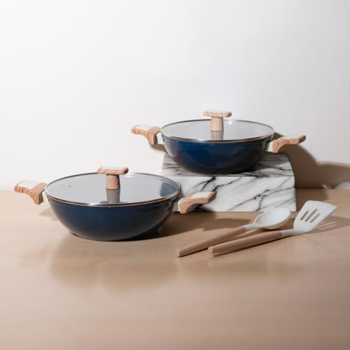 Image of Kreme Ceracook Ceramic Coated Granite 6 Pc Kadai Set Glass Lid, 2 Spatulas, ISI Certified Cookware Kadhai, Forged Aluminium, Gas & Induction Use, Woks PFAS & PTFE Free,1 Yr Warranty, Ocean Deep Blue