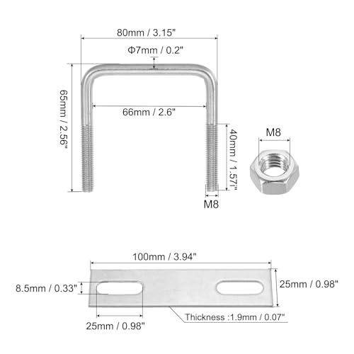Image of PATIKIL M8x65x65mm Square U-Bolts Kit, 2Set 304 Stainless Steel Square U Shaped Bolts Replacement Parts with Frame Plates and Nuts for Ski Board Sailboat Trailer
