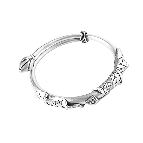 BVFRA Bracelet Jonc Argent Femme,Bracelets D'Amitié Plaqués Argent Vintage Sculpté Feuille De Lotus Bracelet Manchette Réglable Bijoux De Mode Classique Cadeau pour Les Femmes Maman Petite Amie