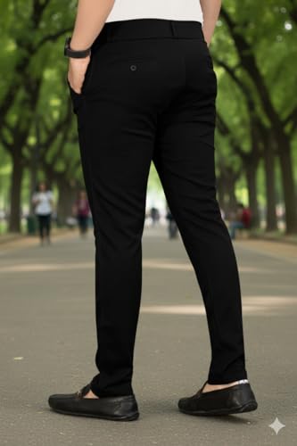 Image of Men's Classic Track Pants, Slim Fit, Lycra Blend Stretchable Business Casual Dress Pants, 4 Pockets, Button and Zipper Closure