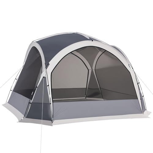 Outsunny Dome Tent for 6-8 Person Camping Tent with 4 Zipped Mesh Doors Removable Polyester Cloth Lamp Hook Portable Carry Bag Screen House White and Grey