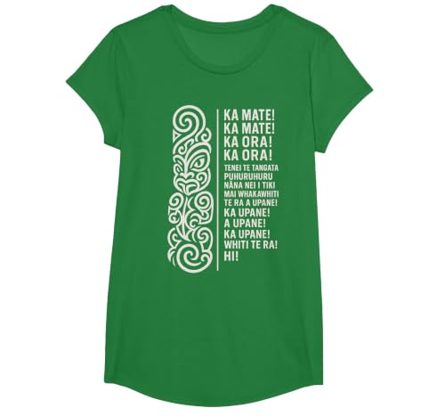 New Zealand Maori Haka Ka Mate Song Rugby T-Shirt, Girls, Kelly Green, Small