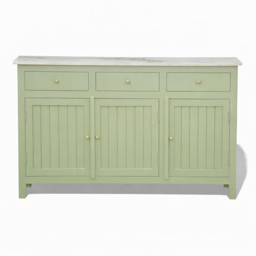 Image of Solid Wood Madrid Sideboard Cabinet with Sintered Stone Top for Living Room | Premium Acrylic Sage Green Finish | 130x40x80 cm