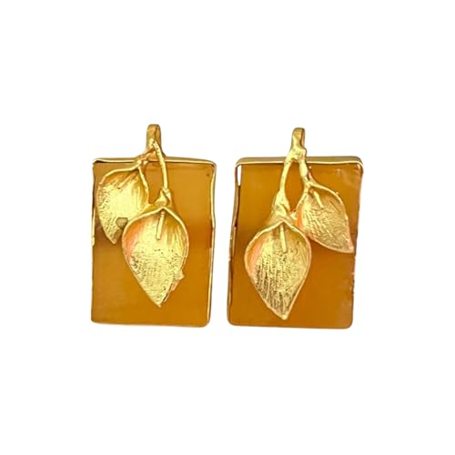 Handmade Gold-Plated Leaf Design Earrings with Rectangular Resin ...