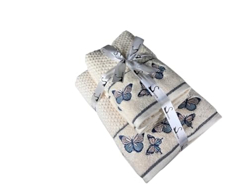 Image of SENSES By Riba Cotton Embroidered Towel Set, 550 GSM Soft & Absorbent, Antimicrobial, Oeko-Tex Certified | Ideal for Home & Gifting, Pack of 4 (2 Bath 27 inchX50 inch + 2 Hand Towels 16 inchX26 inch) - Style 12