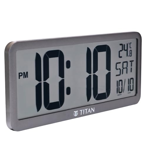 Image of Titan Large Grey Digital Wall & Table Clock | Big LCD Display | Day, Date & Room Temperature | Battery Operated | Modern Minimalist Design | 356x160mm | W0117PD01