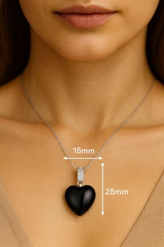Natural Black Onyx Necklace for Women 925 Real Sterling Silver Genuine Heart Cut Black Onyx Necklace with Lab Created Diamond for Her Ladies Mom Birthday Anniversary Christmas, 18+2 inches4