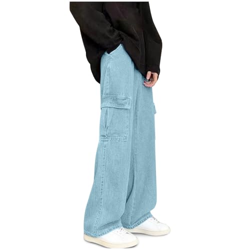 Straight Leg Jeans for Men Drawstring Elastic Waist Pocket Cowboy Pants Fashion Solid Long Trousers Breathable
