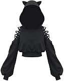 Fabby Women Hoodies Long Sleeve Cute Ear Cat Off Shoulder Lace Up Hoodies Black
