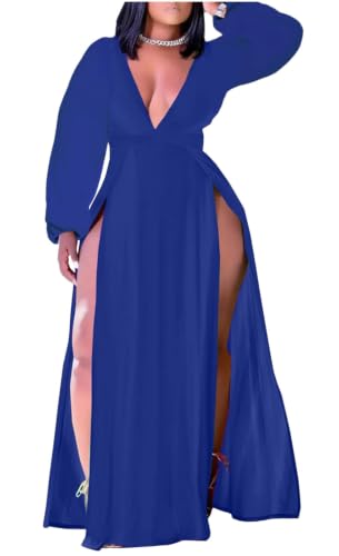 Image of Women's Plus Size Maxi Wrap Dress Sleeveless Deep V Neck Split Dress | Elegant front slit,formal evening, party,club,side split,sleeveless maxi dress