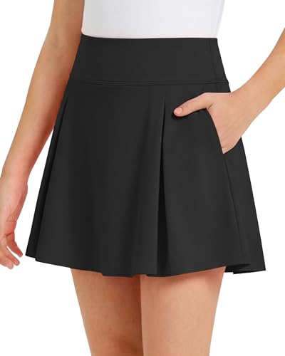 G4Free Girls Tennis Skirts with Pockets Quick Dry Lightweight Pleated Running Athletic Skort with Built-in Shorts for Summer Casual (Black,M)