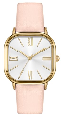 Pink rectangular-face leather-strap watch