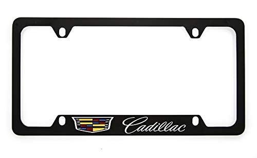 Cadillac with Crest Zinc License Plate Frame with Glossy Black Finish (4 Hole)