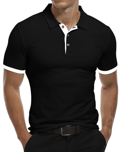 KUYIGO Polo a Manica Corta da Uomo Camicie in Cotone dal Design di Base Slim Fit Casual L Nero