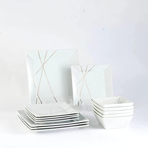 DOMINI 12-Piece Kitchen Dinnerware Set, Service for 4, Porcelain Dishes Dinner Set, Square Dinnerware Sets with Dinner Plates, Dessert Plates and Pasta Bowls,White gold line by Domini - Used condition - US$51.31