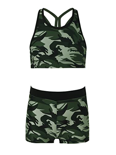 Kids Girls 2 Piece Sports Gymnastics Dance Outfits Crop Tank Top with Booty Shorts Active Workout Sets Camouflage 14 Years