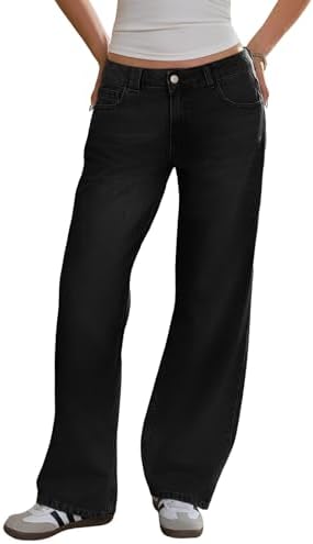 Fisoew Damen Jeans Baggy Weites Bein Mittlere Taille Jeanshose Straight Loose Fit Denim Hose