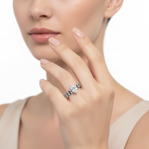 Image of Choose Your Gemstone Three Quarter Diamond CZ Gallery Bridal Ring Set 925 Sterling Silver Marquise Shape Wedding Ring Sets for WomenUS Size 4 to 12