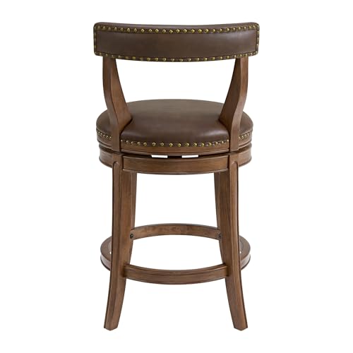 Image of ROME + OAK Ruxban 26 inch Counter Stool, Set of 4 Low Back Swivel Barstools in Walnut Finish with Saddle Brown Vegan Leather Seat - Indoor Home Furniture