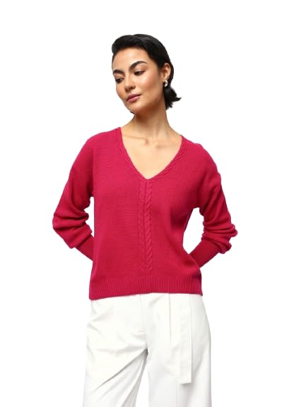 Image of High Star Women Knitted Acrylic Relaxed Fit V Neck Long Sleeve Sweaters