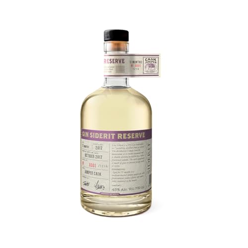 SIDERIT Juniper Cask - Ginebra premium, 43% Vol, 700ml, 11 meses en barricas de enebro, con 1,214 botellas numeradas. Notas intensas de madera tostada y enebro. Edición limitada