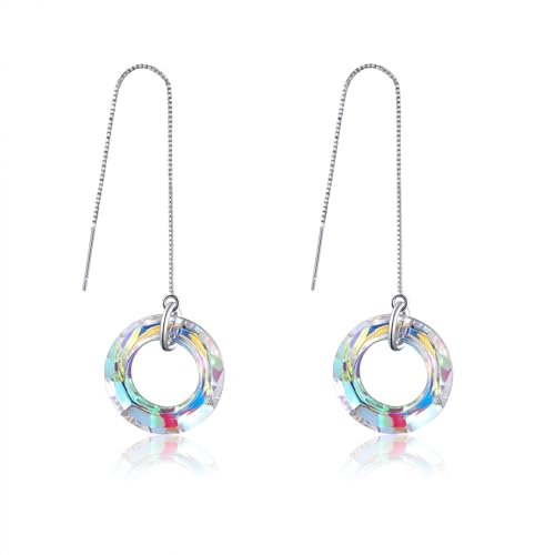 Sterling Silver Threader Earrings for Women |Circle Crystal Dangle Earrings | Long Chain Hoop Hypoallergenic Jewelry for Women (2.0cm)