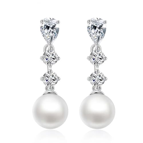 Sterling Silver Pearl Drop Earrings for Women Cubic Zirconia Hypoallergenic Earrings Studs Trendy Bridal Wedding Jewelry