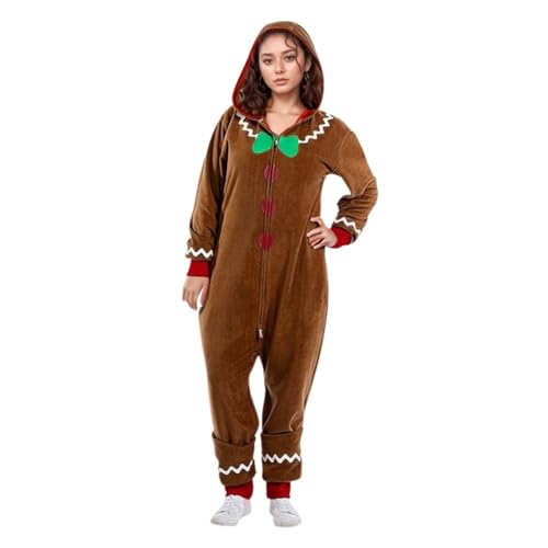 Costume de Bonhomme en Pain d'Épice pour Homme, Femme - Body Une Pièce à Capuche et Manches Longues - Pyjama Chaud en Peluche Hivernale pour Costumade de Noël Carnaval et Fêtes, Cosplay