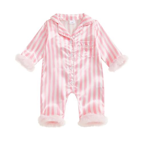 Image of Multitrust Newborn Baby Girl Striped Silk Pajamas Button Down Feather Trim Long Sleeve Satin Infant Pjs One Piece Jumpsuit
