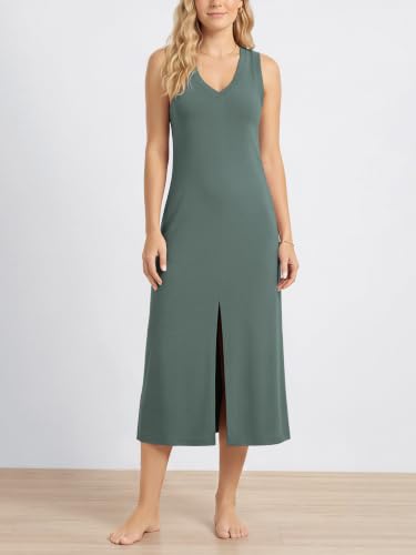 Image of ODODOS Modal Soft Front Split Midi Dress for Women, V Neck Sleeveless Casual Summer Tank Dress