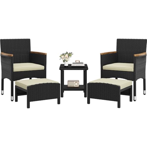 Yaheetech Salon de Jardin 5 Pièces en Résine avec 2 Fauteuils, 2 Repose-Pieds et 1 Table Basse, Ensemble Mobilier de Jardin Tressée avec Coussins pour Terrasse Patio Pelouse Noir/Beige