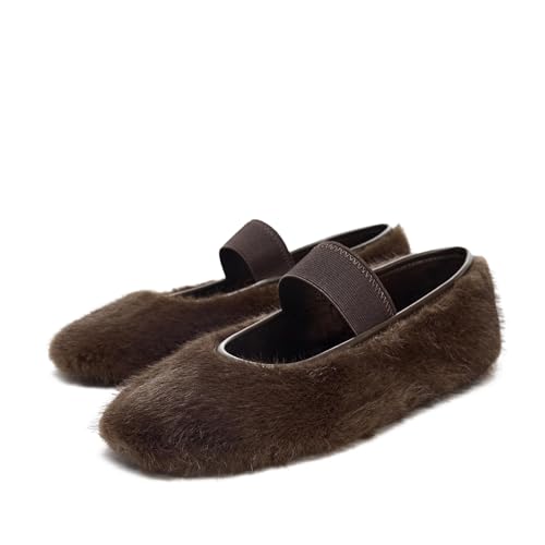 Women’s Cozy Faux Fur Ballet Flats Slip-On Round Toe Shoes with Elastic Strap Soft Warm Shoes for Everyday Wear