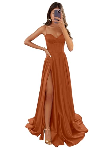 Women's Satin Prom Dresses for Women Spaghetti Straps Backless Slit Long Formal Evening Gowns