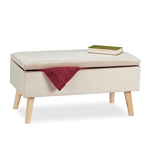 Relaxdays Banc siège avec Espace de Rangement, Housse Velours, 40 l, Pieds, entrée, Caisse,41x80x40cmcrème, Bois, Tissu, Mousse, crème, 1 élément