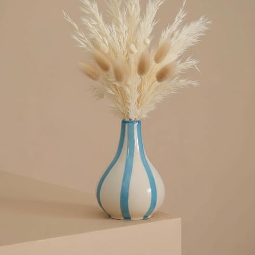 Image of PUREZENTO Blue & White Striped 'Tulip Bud' Ceramic Vase 6 Inch (Pack of 1) | Unique Modern Bud Vase for Dried Flowers & Pampas Grass | Vases for Modern Home Decor, Living Room & Office Decor Ideas