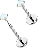 Picture of OUFER 2PCS 18G Threadless Labret Tragus Stud Earrings with 2MM White Opal – Titanium Flat Back Push-In Cartilage Jewelry for Sensitive Skin – 8mm Silver Bar