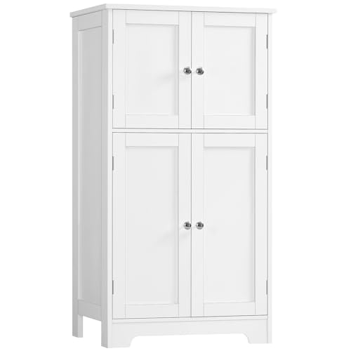 Image of TEENFON Bathroom Floor Storage Cabinet, Freestanding Bathroom Storage Unit with 2 Adjustable Shelves & 4 Doors, White