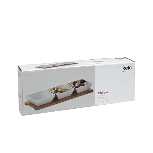 kela Servierschalen Set 4tlg PHILIPA, Porzellan Snackschalen mit Bambus Servierplatte, eckig, Dipschalen Set weiß
