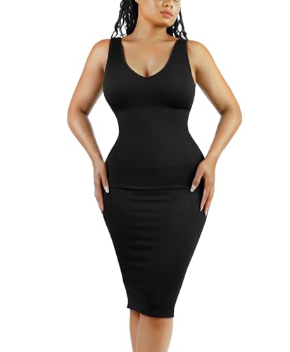 Popilush Tummy Control Dress for Women Shapewear Bodycon Midi Dresses Sleeveless V Neck Summer Party Sundresses