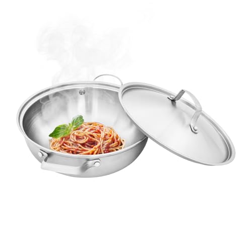 Kazafa 304 Stainless Steel Wok Durable Cooking Pot with Lid & Steamer Rack for Stir Frying, Steaming & Boiling Lightweight Round Fry Pan for Home Restaurant and Induction Stove (26cm)