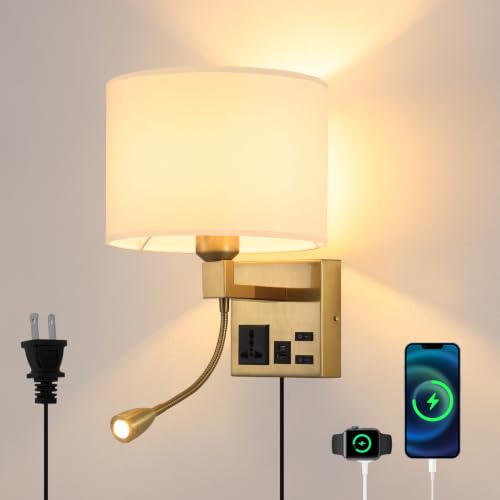 Image of Plug in Wall Sconce, Wall Lights for Bedroom with Bulb Included | Wall Mount Reading Light 360Adjustable, Adjustable Color Temperature, Bedside Lamp with AC Outlet & USBA+C Charging Port